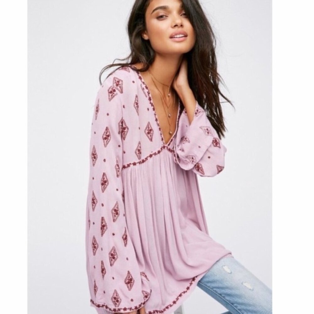 Free People Diamond Embroidered Tunic Blouse Top